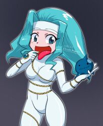 Rule 34 | 1girl, 1other, 2023, adapted costume, aqua hair, bare shoulders, blue eyes, bodysuit, breasts, cosplay, curvy, dated, digimon, digimon xros wars, drippin (digimon), elbow gloves, female focus, gloves, happy, heart, highres, kouma bonmaid, looking at viewer, medium breasts, naughty face, ruka (digimon), shiny clothes, smile, splashmon, splashmon (cosplay), tongue, tongue out