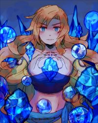 Rule 34 | 1girl, amano yoshitaka design, blonde hair, blue eyes, breasts, celes chere, cleavage, commentary request, elbow gloves, final fantasy, final fantasy vi, gloves, groin, long hair, medium breasts, midriff, navel, solo, sunagimo (nagimo)