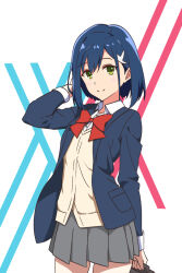 Rule 34 | 1girl, adjusting hair, alternate costume, arm at side, arm behind head, bag, blazer, blue background, blue hair, blue jacket, bob cut, bow, bowtie, breasts, briefcase, brown bag, brown cardigan, cardigan, closed mouth, collared shirt, commentary, cowboy shot, darling in the franxx, dress shirt, green eyes, grey skirt, hair between eyes, hair ornament, hairclip, holding, holding bag, ichigo (darling in the franxx), jacket, long sleeves, looking at viewer, pleated skirt, red background, red bow, red bowtie, school briefcase, school uniform, shirt, short hair, skirt, small breasts, solo, uniform, white background, white shirt, xiaoming1625