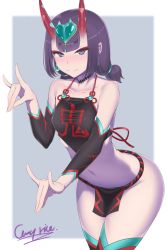 Rule 34 | 1girl, bare shoulders, black fundoshi, blush, border, breasts, chinese clothes, closed mouth, collarbone, detached sleeves, dudou, earrings, eyeliner, fate/grand order, fate (series), fox shadow puppet, fundoshi, grey background, headpiece, hip focus, horns, japanese clothes, jewelry, looking at viewer, low twintails, makeup, navel, nigane, oni, pelvic curtain, pointy ears, purple eyes, purple hair, short eyebrows, short hair, short twintails, shuten douji (fate), shuten douji (fate/grand order), shuten douji (halloween caster) (fate), simple background, skin-covered horns, small breasts, smile, solo, thighs, twintails, white border