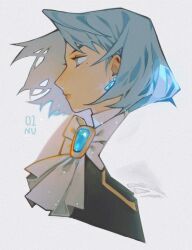 Rule 34 | 01nu, 1girl, ace attorney, artist name, black vest, blending, blue gemstone, blue hair, blurry, bow, bowtie, brooch, closed mouth, collared shirt, cropped torso, earrings, franziska von karma, gem, glowing, grey eyes, jewelry, juliet sleeves, long sleeves, looking ahead, mole, mole under eye, profile, puffy sleeves, shirt, short hair, simple background, solo, upper body, vest, white background, white bow, white bowtie, white shirt
