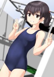 Rule 34 | 1girl, bad id, bad pixiv id, black hair, blue one-piece swimsuit, blurry, brown eyes, commentary request, cowboy shot, day, depth of field, double v, dutch angle, flat chest, from side, grin, hair between eyes, long hair, looking at viewer, new school swimsuit, one-piece swimsuit, original, outdoors, school swimsuit, shower (place), shower head, smile, solo, swimsuit, takafumi, twintails, v