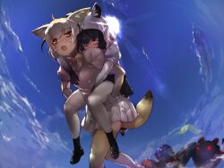 Rule 34 | 2girls, :o, ahoge, animal ear fluff, animal ears, black footwear, black hair, blonde hair, blue sky, bow, bowtie, carrying, cellien (kemono friends), closed eyes, commentary, common raccoon (kemono friends), day, elbow gloves, exhausted, fennec (kemono friends), fox ears, fox girl, fox tail, gloves, grey hair, highres, hot, kemono friends, multicolored hair, multiple girls, open mouth, orange eyes, outdoors, piggyback, pleated skirt, puffy short sleeves, puffy sleeves, raccoon ears, raccoon girl, raccoon tail, shoes, short hair, short sleeves, skirt, sky, sun, sweat, tadano magu, tail, thighhighs, two-tone hair, white hair, white skirt, yellow bow, yellow bowtie, zettai ryouiki