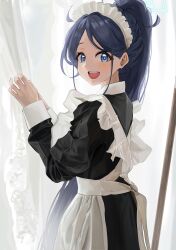 Rule 34 | 1girl, apron, arata haru, aris (blue archive), aris (maid) (blue archive), black dress, blue archive, blue eyes, blue hair, blue halo, bright pupils, collared dress, commentary request, cowboy shot, curtains, dress, from side, halo, hands up, highres, korean commentary, light blush, long hair, long sleeves, looking at viewer, maid apron, maid headdress, mop, official alternate costume, open mouth, ponytail, puffy long sleeves, puffy sleeves, smile, solo, rectangular halo, standing, teeth, turning head, upper teeth only, very long hair, white apron, white pupils