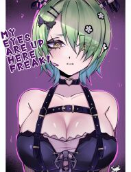 Rule 34 | 1girl, antlers, armpit crease, bare shoulders, black ribbon, black sleeves, blush, branch, breasts, ceres fauna, ceres fauna (goth), chest harness, choker, cleavage, collarbone, detached sleeves, dress, eyes visible through hair, flower, fuyudayoneh, goth fashion, gradient eyes, green hair, hair flower, hair ornament, hair over one eye, hair ribbon, hairclip, harness, heart, heart choker, heart o-ring, highres, hololive, hololive english, horns, lace-trimmed sleeves, lace sleeves, lace trim, large breasts, mole, mole under eye, multicolored eyes, o-ring, o-ring choker, official alternate costume, official alternate hairstyle, ribbon, short hair, sleeveless, sleeveless dress, solo, tree horns, virtual youtuber