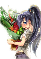 Rule 34 | 1girl, andou shuki, antenna hair, backlighting, belt, bird of paradise flower, black hair, blue eyes, blush, earrings, fang, flower, flower pot, ganaha hibiki, highres, holding, holding flower pot, idolmaster, idolmaster (classic), jewelry, long hair, looking at viewer, lotus, open mouth, plant, ponytail, potted plant, profile, simple background, solo, spider lily