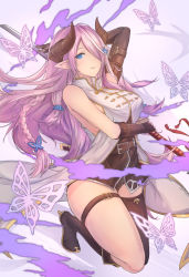 Rule 34 | 10s, 1girl, antiqq, asymmetrical gloves, black footwear, black thighhighs, blue eyes, boots, braid, breasts, bug, butterfly, butterfly hair ornament, demon horns, draph, elbow gloves, gloves, granblue fantasy, hair ornament, hair over one eye, horns, insect, katana, knee boots, kneeling, large breasts, light purple hair, loincloth, long hair, narmaya (granblue fantasy), pointy ears, side braid, single elbow glove, single thighhigh, solo, sword, thighhighs, uneven gloves, weapon