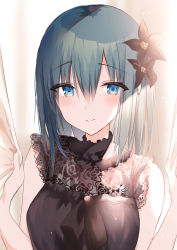 Rule 34 | 1girl, bare arms, bare shoulders, black bow, black dress, black flower, blue eyes, blue hair, bow, closed mouth, curtain grab, curtains, dress, floral print, flower, hair flower, hair ornament, highres, kinona, long hair, looking at viewer, original, rose print, sleeveless, sleeveless dress, smile, solo, upper body