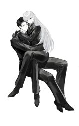 Rule 34 | 1boy, 1girl, angelica (project moon), black eyes, black footwear, black gloves, black hair, black jacket, black necktie, blue eyes, closed mouth, collared shirt, gloves, highres, hug, jacket, library of ruina, long hair, looking at viewer, necktie, orururuu, project moon, roland (project moon), shirt, shoes, simple background, sitting, sitting on lap, sitting on person, smile, very long hair, white background, white hair