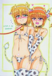 Rule 34 | 1boy, 1girl, absurdres, animal ears, animal print, artist name, bell, bikini, blonde hair, blush, breasts, chinese zodiac, closed mouth, collar, cow boy, cow ears, cow girl, cow horns, cow print, cow tail, dated, fake animal ears, fake horns, fake tail, gh9000, green eyes, highres, horns, leash, lyrical nanoha, mahou shoujo lyrical nanoha, mahou shoujo lyrical nanoha a&#039;s, neck bell, open mouth, saliva, side-tie bikini bottom, small breasts, smile, swimsuit, tail, takamachi nanoha, thighhighs, year of the ox, yuuno scrya
