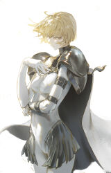 Rule 34 | 1girl, absurdres, armor, blonde hair, bodysuit, breasts, cape, clare (claymore), claymore (series), cowboy shot, dino (dinoartforame), faulds, frown, grey skirt, hand on own chest, highres, looking at viewer, medium breasts, pauldrons, short hair, shoulder armor, simple background, skirt, solo, swept bangs, white background, white bodysuit, white cape, yellow eyes
