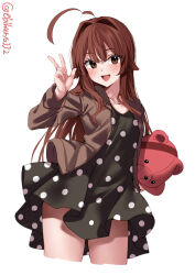 Rule 34 | 1girl, ahoge, black dress, blush, breasts, brown eyes, brown hair, brown jacket, collarbone, cropped legs, dress, ebifurya, fang, hair between eyes, hair intakes, hand up, highres, holding, jacket, kantai collection, kuma (kancolle), long hair, long sleeves, looking at viewer, one-hour drawing challenge, open clothes, open jacket, open mouth, polka dot, polka dot dress, sidelocks, simple background, small breasts, smile, solo, stuffed animal, stuffed toy, teddy bear, thighs, twitter username, w, white background