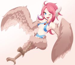 Rule 34 | 1girl, absurdres, ahoge, animal ears, animal feet, bird ears, bird legs, blue eyes, blush, breasts, brown feathers, brown wings, commentary request, earrings, feathered wings, feathers, harpy, reina (mon-musu quest!), highres, jewelry, long hair, medium breasts, mon-musu quest!, monster girl, navel, necklace, one eye closed, open mouth, philip (n1k2-j), pink hair, simple background, solo, white background, winged arms, wings