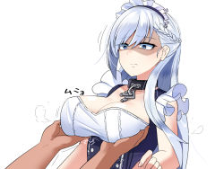Rule 34 | 1girl, akaoni (zumt3548), azur lane, bare shoulders, belfast (azur lane), black collar, blue eyes, braid, grabbing another&#039;s breast, breasts, broken, broken chain, chain, cleavage, closed mouth, collar, collarbone, commentary request, disgust, dress, french braid, frills, grabbing, hair between eyes, large breasts, long hair, looking at another, low neckline, maid, maid headdress, motion lines, paid reward available, shaded face, sidelocks, silver hair, simple background, sleeveless, sleeveless dress, solo focus, standing, upper body, white background