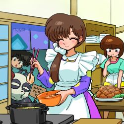 Rule 34 | 1boy, 1other, 2girls, apron, black hair, blue eyes, blush, bob cut, bow, bowl, braid, braided ponytail, brown eyes, brown hair, chinese clothes, chopsticks, closed eyes, cooking, cooking pot, domestic, dress, drooling, eating, food, food on face, fried food, green shirt, hair bow, hand to own mouth, happy, holding, holding bowl, holding chopsticks, holding sign, hungry, kitchen, lettuce, long hair, mouth drool, multiple girls, open mouth, panda, peeking, pink undershirt, plate, polka dot, polka dot dress, ponytail, ranma 1/2, red shirt, saotome genma, saotome genma (panda), saotome ranma, shirt, shorts, sign, signature, smile, tangzhuang, tendou nabiki, wanta (futoshi), white apron, white bow, white shorts