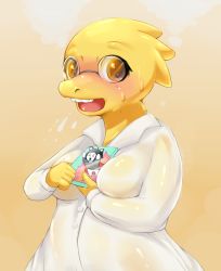 Rule 34 | 1girl, alphys, artist request, breasts, brown eyes, female focus, furry, furry female, glasses, gradient background, highres, open mouth, solo, sweat, undertale