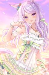Rule 34 | 1girl, :d, animal ears, bare shoulders, blush, flower, hair flower, hair ornament, highres, horse ears, horse girl, horse tail, jewelry, long hair, looking at viewer, mejiro mcqueen (ripple fairlady) (umamusume), mejiro mcqueen (umamusume), necklace, official alternate costume, one-piece swimsuit, open mouth, opera love 0403, purple eyes, purple hair, smile, solo, swept bangs, swimsuit, tail, umamusume