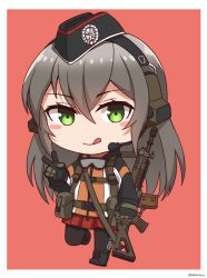 Rule 34 | 1girl, :q, absurdres, assault rifle, black footwear, black gloves, black hat, black pantyhose, blush stickers, boots, brown background, chibi, closed mouth, commentary request, cross-laced footwear, ear protection, full body, garrison cap, girls&#039; frontline, gloves, goggles, goggles around neck, green eyes, grey hair, gun, hair between eyes, hand up, hat, highres, holding, holding gun, holding weapon, jacket, lace-up boots, long hair, long sleeves, looking at viewer, name connection, ndtwofives, object namesake, pantyhose, pleated skirt, red skirt, rifle, sig 500 (girls&#039; frontline) (ndtwofives), sig 550 (girls&#039; frontline) (ndtwofives), sig sg550, simple background, skirt, smile, solo, standing, tongue, tongue out, v, very long hair, weapon