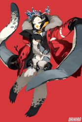 Rule 34 | 1girl, artist name, black hair, boots, breasts, fish hair ornament, hair ornament, hairclip, highres, jacket, long hair, open mouth, original, orihira, penguin girl, red background, red jacket, simple background, small breasts, smile, solo, symbol-shaped pupils, thigh boots, thighhighs, yellow eyes