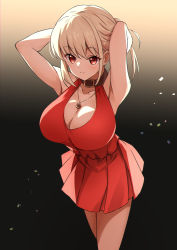 Rule 34 | 1girl, absurdres, adjusting hair, armpits, arms behind head, blonde hair, breasts, brown choker, choker, cleavage, closed mouth, collarbone, dress, evening gown, gradient background, hair between eyes, highres, jewelry, large breasts, looking at viewer, lycoris recoil, necklace, nishikigi chisato, pendant, red dress, red eyes, shiraiwa usagi, short dress, short hair, sleeveless, sleeveless dress, smile, solo, standing