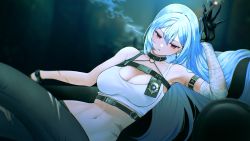 Rule 34 | 1girl, absurdres, arm strap, azur lane, bandaged arm, bandages, between fingers, black collar, black gloves, black pants, bra, breasts, cigar, cleavage, collar, commentary, dark background, earrings, feet out of frame, glaring, gloves, hair between eyes, highres, holding, holding cigar, jewelry, kazane-wind, large breasts, leaning back, long hair, looking at viewer, navel, o-ring, official alternate costume, pants, parted lips, police badge, red eyes, scar, silver hair, sitting, sleeveless, smoke, smoking, solo, sovetskaya rossiya (azur lane), sovetskaya rossiya (the lackadaisical lookout) (azur lane), sports bra, stomach, straight hair, strap, tsurime, underwear, v-shaped eyebrows, white bra