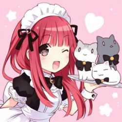 Rule 34 | 1girl, ;d, apron, blush, bow, brown eyes, cat, company connection, heart, long hair, looking at viewer, lowres, maid, maid apron, maid headdress, one eye closed, open mouth, real life, red bow, ribbon, simple background, smile, solo, tanaka rie, tsunako, voice actor