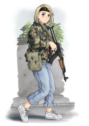 Rule 34 | 1girl, assault rifle, black headband, blonde hair, bosnia and herzegovina, bush, camouflage, camouflage coat, coat, collared coat, commentary, denim, fleur-de-lis, freckles, grey eyes, gun, gun request, gun sling, headband, highres, holding, holding gun, holding weapon, jeans, kalashnikov rifle, looking at viewer, mardjan, nike (company), original, pants, pavement, popped collar, pouch, red shirt, rifle, road, serbo-croatian commentary, serious, shirt, shoes, short hair, sleeves rolled up, solo, street, swept bangs, weapon, white background, white footwear, wing collar, woodland camouflage, zastava m70