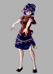 Rule 34 | 1girl, absurdres, bare arms, beret, blue hair, chinese clothes, fingernails, full body, glowing, glowing eye, grey background, hands up, hat, highres, inoshin (inixia1748), jiangshi, long fingernails, looking at viewer, miyako yoshika, ofuda, outstretched arms, purple eyes, sharp fingernails, short hair, short sleeves, simple background, skirt, smile, solo, standing, star (symbol), touhou, wide-eyed, zombie pose