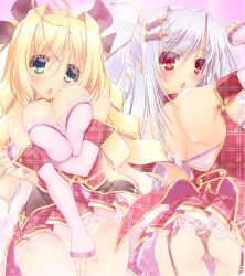 Rule 34 | 2girls, arms up, ass, back, bare shoulders, blonde hair, blush, breasts, breasts squeezed together, cleavage, game cg, garter straps, green eyes, hair ribbon, highres, huge breasts, legs, long hair, looking at viewer, multiple girls, oono tetsuya, panties, prism princess ~futari no himekishi to kokan no monshou~, red eyes, ribbon, simple background, skirt, standing, thighs, underwear, white hair