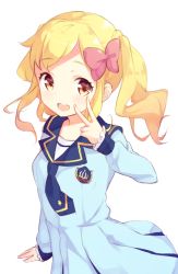 Rule 34 | 10s, 1girl, :d, aikatsu!, aikatsu! (series), aikatsu stars!, blonde hair, blue dress, blue necktie, bow, brown eyes, commentary request, dress, hair bow, highres, looking at viewer, mimura zaja, necktie, nijino yume, open mouth, pink bow, sailor collar, sailor dress, school uniform, simple background, smile, solo, teeth, twintails, upper body, v, wavy hair, white background