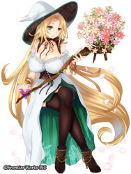 Rule 34 | 1girl, bare shoulders, blue eyes, boots, bouquet, breasts, brown footwear, brown thighhighs, cleavage, copyright request, crossed legs, dress, flower, full body, hat, high heel boots, high heels, holding, holding staff, invisible chair, large breasts, long hair, looking to the side, official art, sirokurodai, sitting, staff, thighhighs, very long hair, watermark, white dress, white hat, witch, witch hat