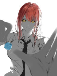 Rule 34 | 1girl, @ @, black necktie, braid, candy, chainsaw man, collared shirt, dress shirt, food, holding, holding candy, holding food, holding lollipop, lollipop, looking at viewer, makima (chainsaw man), necktie, orange hair, outstretched hand, parted lips, pov, ringed eyes, shirt, sidelocks, single braid, white background, white shirt, xi ying, yellow eyes