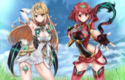 Rule 34 | 2girls, absurdres, armpits, blonde hair, breasts, brown eyes, cleavage, day, fingerless gloves, framed breasts, gloves, gluteal fold, highres, long hair, looking at viewer, multiple girls, mythra (xenoblade), nez-box, nintendo, outdoors, outstretched hand, pyra (xenoblade), reaching, reaching towards viewer, red eyes, red hair, short shorts, shorts, smile, swept bangs, thigh strap, thighhighs, tiara, very long hair, xenoblade chronicles (series), xenoblade chronicles 2