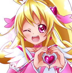 Rule 34 | 1girl, ;d, absurdres, aida mana, arm warmers, bad id, bad pixiv id, blonde hair, brooch, choker, cure heart, curly hair, dokidoki! precure, earrings, face, hair ornament, half updo, heart, heart brooch, heart hair ornament, highres, jewelry, long hair, magical girl, one eye closed, open mouth, pink eyes, ponytail, precure, sharumon, smile, solo, white background