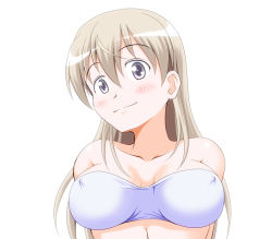 Rule 34 | 1girl, arms behind back, blonde hair, blush, bra, breasts, collarbone, covered erect nipples, eila ilmatar juutilainen, hiro yoshinaka, purple eyes, simple background, smile, solo, strike witches, underwear, world witches series