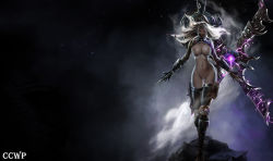 Rule 34 | 1girl, blade, bottomless, breastless clothes, grey hair, irelia, league of legends, nightblade irelia, solo, thighhighs