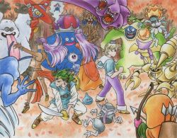 Rule 34 | 2boys, 2girls, aiming, animal costume, anklet, armlet, armor, armored dress, armpits, arms up, arrow (projectile), arrow imp, back, battle, belt, bengal (dragon quest), bikini, bikini armor, blonde hair, blue eyes, boots, bow (weapon), bracelet, breasts, cesar hernandez, chunsoft, circlet, claws, closed mouth, crown, cyclops, dark skin, demon spirit, dragon quest, dragon quest iv, dress, earrings, enix, fantasy, fighting stance, fire, floating hair, full body, fur, ghost, green hair, harness, hat, hero (dq4), hitotsume pierrot, hoffman (dq4), holding, holding sword, holding weapon, honoo no senshi, hood, horns, jewelry, kamaitachi, king slime (dragon quest), leaf, lips, long tongue, lying, manya (dq4), military, military uniform, minea (dq4), minon (dragon quest), monster, multiple boys, multiple girls, naval uniform, neck ring, on back, one-eyed, outstretched arms, pants, pointy ears, purple eyes, purple hair, quiver, robe, robot, saber (weapon), samayou tamashii, sandals, sasori armor, scan, scorpion tail, sharp teeth, shield, short hair, siblings, sideboob, single horn, sisters, sleeves rolled up, slime (dragon quest), small ghoul, spikes, spread legs, square enix, standing, sweatdrop, swimsuit, sword, tail, teeth, tepero, tiptoes, tongue, tongue out, traditional media, tunic, uniform, v arms, wand, wavy mouth, weapon, wizard, wizard hat, yeti (dragon quest)
