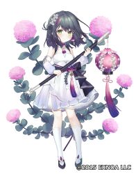Rule 34 | 1girl, black bow, black footwear, black hair, bow, closed mouth, detached sleeves, dot nose, dress, flower, flower knight girl, full body, green eyes, hair bun, hair ornament, holding, holding staff, kneehighs, legs apart, looking at viewer, medium hair, misebaya (flower knight girl), multicolored hair, name connection, nekomitei, object namesake, official art, red hair, shoes, simple background, smile, socks, solo, staff, standing, streaked hair, tachi-e, tassel, two-tone hair, waist bow, white background, white dress, white sleeves, white socks