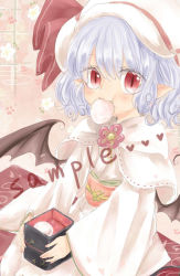 Rule 34 | 1girl, alternate costume, bat wings, blue hair, capelet, daifuku, eating, fang, hat, hat ribbon, japanese clothes, kimono, long sleeves, looking at viewer, maru usagi, mouth hold, obi, pointy ears, red eyes, remilia scarlet, ribbon, sash, silver hair, slit pupils, solo, touhou, wide sleeves, wings