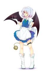 Rule 34 | 1girl, alternate costume, apron, bat wings, boots, clock, cosplay, cup, drinking glass, enmaided, eyelashes, feet, fuya (tempupupu), gloves, hand on own hip, high heel boots, high heels, izayoi sakuya, izayoi sakuya (cosplay), light purple hair, maid, maid apron, maid headdress, miniskirt, parted bangs, parted lips, pocket watch, puffy short sleeves, puffy sleeves, red eyes, remilia scarlet, short hair, short sleeves, skirt, solo, temp (artist), touhou, tray, watch, wince, wine glass, wings