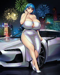 Rule 34 | 1girl, absurdres, blue hair, blush, breasts, car, cityscape, cleavage, cocktail dress, collarbone, curvy, dress, earrings, erkaz, evening gown, fireworks, full body, hairband, heels, highres, hip vent, huge breasts, jewelry, looking at viewer, motor vehicle, new year, night, original, parted lips, red eyes, rina atherina, short hair, smile, solo, sports car, standing, thick thighs, thighs, veins, veiny breasts, wide hips