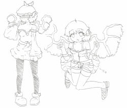 Rule 34 | 1girl, alternate costume, belt, blush, contemporary, detached sleeves, dress, female focus, full body, greyscale, hair over eyes, hat, jumping, monochrome, multiple views, mystia lorelei, no headwear, no headwear, pale color, pantyhose, philier ignisia, sandals, short hair, shorts, thighhighs, touhou, white background, wings, zettai ryouiki