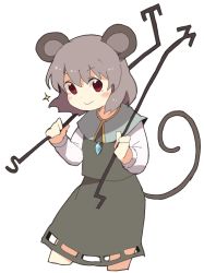 Rule 34 | 1girl, animal ears, blush, capelet, closed mouth, dokan (dkn), dowsing rod, grey hair, hair between eyes, holding, jewelry, long sleeves, looking at viewer, mouse ears, mouse tail, nazrin, necklace, pendant, red eyes, short hair, simple background, skirt, smile, solo, sparkle, tail, touhou, white background