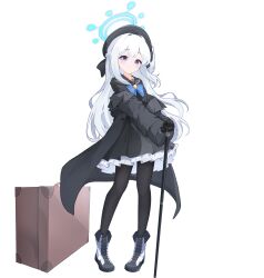 Rule 34 | 1girl, absurdres, beret, black coat, black gloves, black hat, black pantyhose, black sailor collar, blue archive, blue bow, blue bowtie, blush, bow, bowtie, briefcase, cane, coat, cosplay, full body, gloves, halo, hat, highres, holding, holding cane, long hair, looking at viewer, meliach, miyako (blue archive), one side up, open clothes, open coat, pantyhose, professor niyaniya (blue archive), professor niyaniya (blue archive) (cosplay), purple eyes, sailor collar, smile, solo, transparent background, white hair