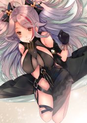 Rule 34 | 1girl, alternate costume, antenna hair, arm between breasts, arm support, ass, azur lane, bad id, bad pixiv id, black dress, blush, bow, breasts, brown eyes, crossed legs, dress, gloves, hair between eyes, hair bow, highres, large breasts, long hair, looking at viewer, lying, multicolored hair, on back, prinz eugen (azur lane), prinz eugen (cordial cornflower) (azur lane), red hair, shibaebi (yasaip game), sidelocks, silver hair, smile, solo, streaked hair, thighs, tongue, tongue out, two side up, very long hair