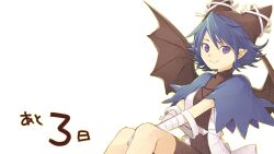 Rule 34 | 1girl, bandaged arm, bandages, bat wings, black bodysuit, blue eyes, blue hair, bodysuit, capelet, countdown, hat, highres, looking at viewer, pointy ears, riviera, serene (riviera), short hair, sitting, smile, solo, tobe sunaho, white background, wings
