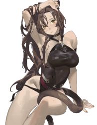 Rule 34 | 1girl, absurdres, arknights, arm support, arm up, armlet, armpits, bare arms, bare legs, bare shoulders, belt, black choker, black panties, brown hair, choker, closed mouth, clothing aside, covered navel, feet out of frame, fingernails, hair over shoulder, hand on own head, highres, horikwawataru, long hair, messy hair, nail polish, official alternate costume, orange eyes, orange nails, panties, panties aside, panties under leotard, panty pull, parted bangs, presenting armpit, red belt, side-tie panties, simple background, sitting, skyfire (arknights), skyfire (temperature difference) (arknights), solo, sweat, tail, underwear, very long hair, wavy hair, wet, white background