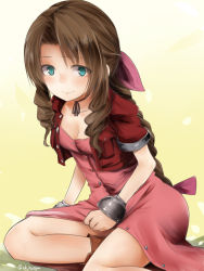 Rule 34 | 1girl, aerith gainsborough, akino shuu, boots, braid, breasts, brown footwear, brown hair, cleavage, closed mouth, commentary request, cropped jacket, cuffs, dress, final fantasy, final fantasy vii, green eyes, hair ribbon, jacket, leaning forward, long hair, looking at viewer, open clothes, open jacket, parted bangs, pink dress, pink ribbon, red jacket, ribbon, ringlets, short sleeves, sidelocks, sitting, small breasts, solo, twitter username, very long hair, wavy mouth, yokozuwari
