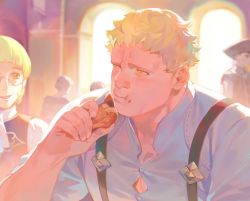 Rule 34 | 2boys, bara, blonde hair, closed mouth, eating, fire emblem, fire emblem: three houses, food, food on face, holding, holding food, ignatz victor, looking at another, male focus, multiple boys, nintendo, raphael kirsten, shirt, short hair, suspenders, upper body, white shirt, zoo (oukakumaku)