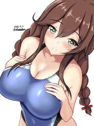 Rule 34 | 1girl, black one-piece swimsuit, blue one-piece swimsuit, blush, braid, breasts, brown hair, competition swimsuit, covered navel, dated, french braid, green eyes, highleg, highleg swimsuit, highres, impossible clothes, kantai collection, large breasts, long hair, looking at viewer, montemasa, multicolored clothes, multicolored swimsuit, noshiro (kancolle), one-hour drawing challenge, one-piece swimsuit, smile, swimsuit, twin braids, twitter username, two-tone swimsuit